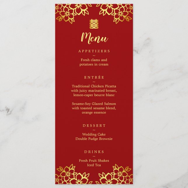 Menu Casamento chinês moderno floral vermelho (Frente)