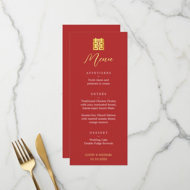 Menu Casamento chinês moderno simples vermelho dourado (Frente/Verso In Situ)