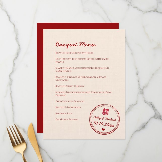 Menu Casamento chinês rosa-vermelho selo de felicidade  (Frente/Verso In Situ)