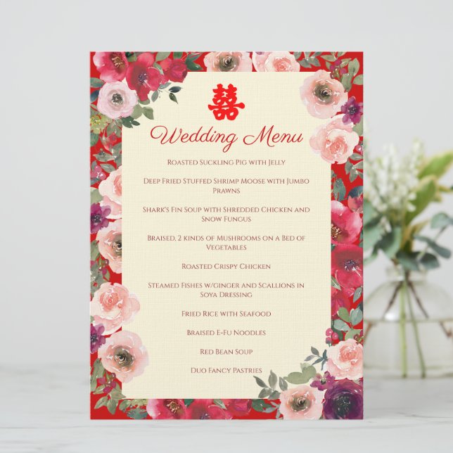 Menu Casamento chinês vermelho roxo floral jardim (Em pé/Frente)