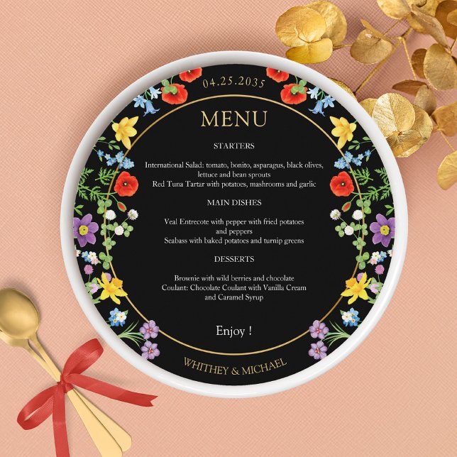 Menu Casamento circular de Primavera Wildflower colorid (Colorful Spring Wildflower Floral Round Wedding Menu)