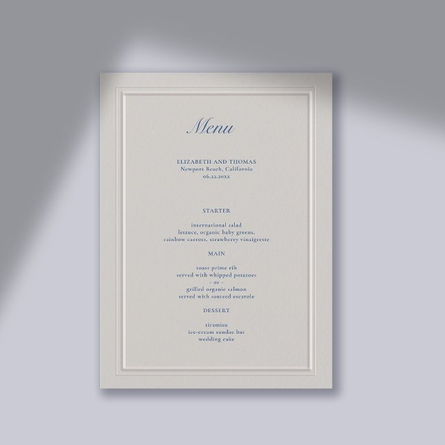 Menu Casamento Clássico Azul-Moderno Embalado Náutico F (wedding menu card traditional classic formal  faux embossed nautical  frame ocean beach boat yacht)