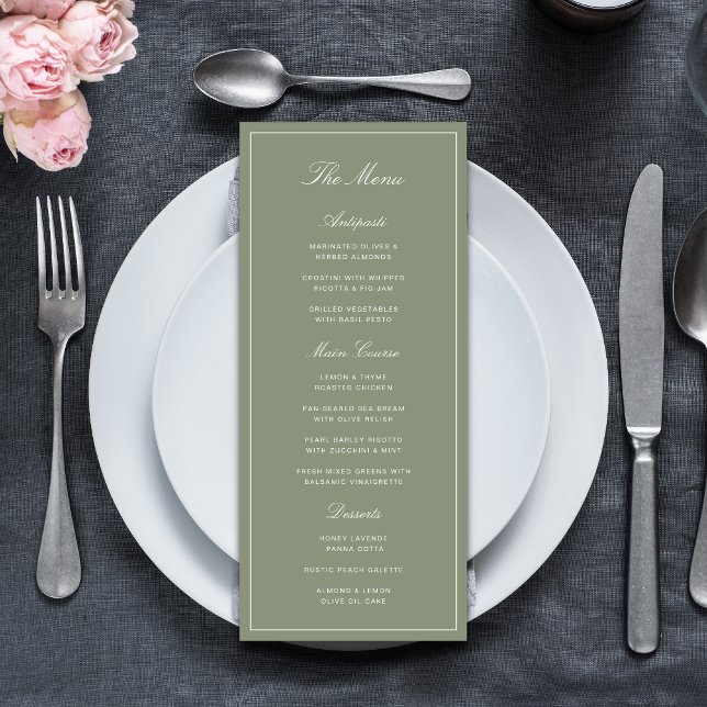 Menu Casamento Clássico com Letra em Verde Poeirento (Classic dusty green wedding menus add elegant detail to your beautifully styled reception.)
