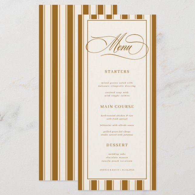 Menu Casamento Clássico com Listras Marrom e Marfim Vin (Frente/Verso)