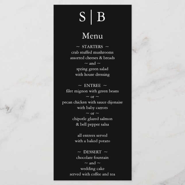 Menu Casamento Clássico com Monograma Preto e Branco (Frente)