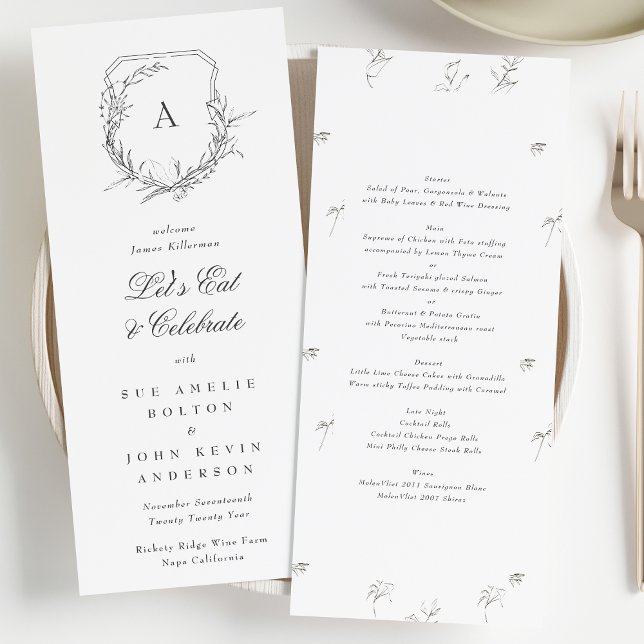 Menu casamento clássico da crista botânica com monogram (Criador carregado)