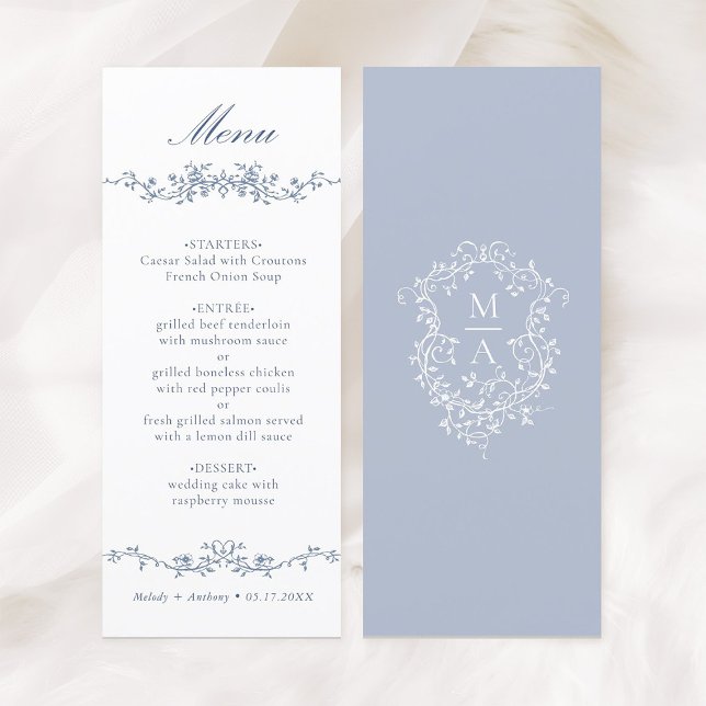 Menu Casamento Clássico de Borda Floral Azul (Front & Back)