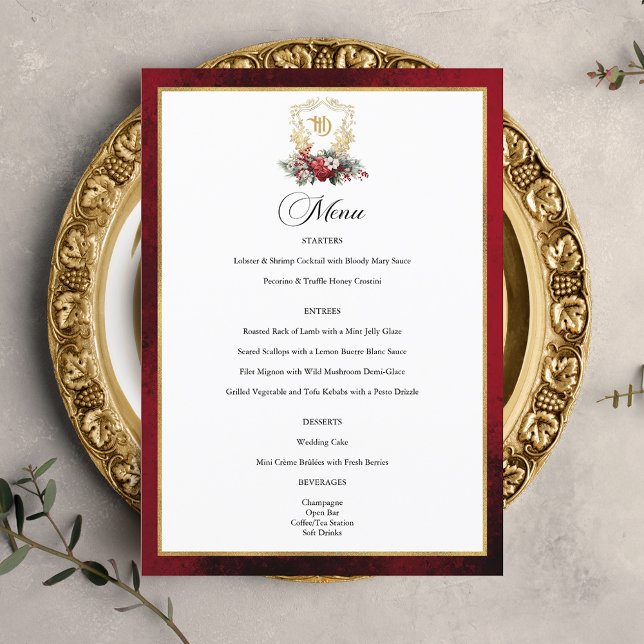 Menu Casamento Clássico de Crest Floral Monograma (Criador carregado)