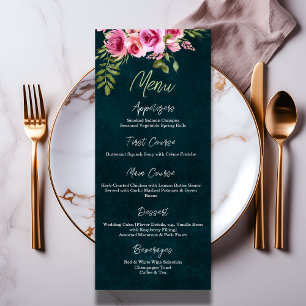 Menu Casamento Clássico de Esmeralda Verde Floral Escur