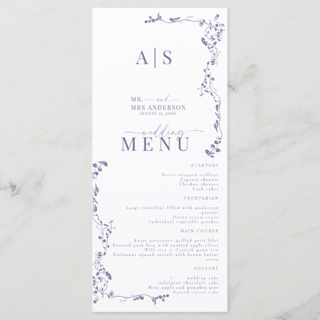 Menu Casamento Clássico de Folha Floral Elegante (Frente)