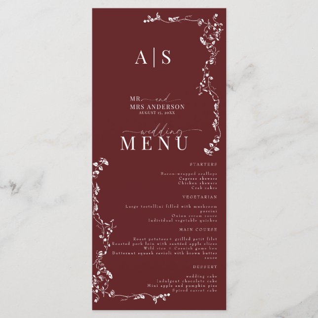 Menu Casamento Clássico de Folha Floral Elegante (Frente)