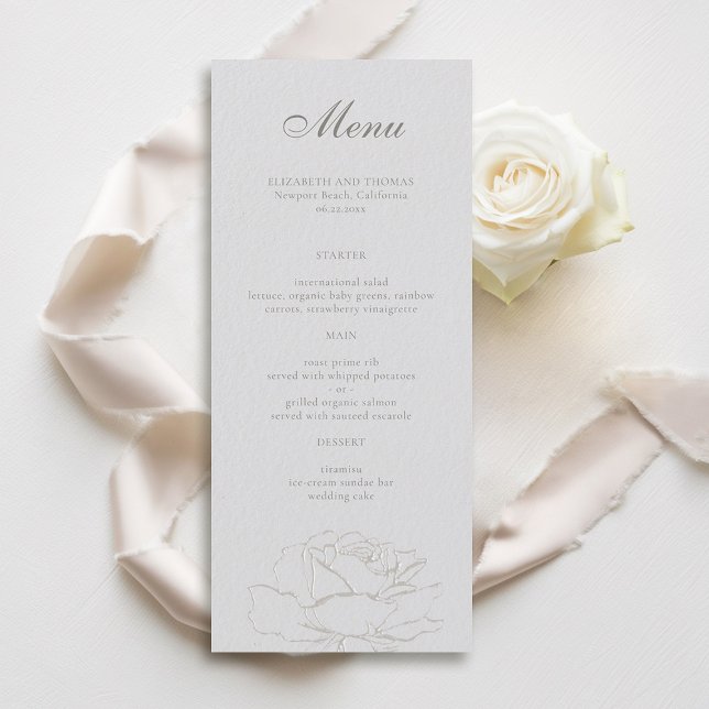 Menu Casamento clássico de marfim em relevo formalizado (formal wedding menu card traditional faux embossed roses floral ivory modern classic narrow)