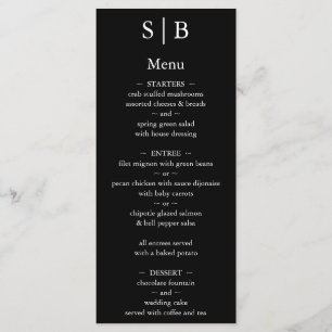 Menu Casamento clássico de monograma preto e branco