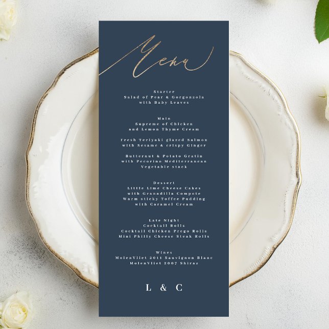 Menu Casamento Clássico Dourado Elegante Azul-marinho B (Criador carregado)