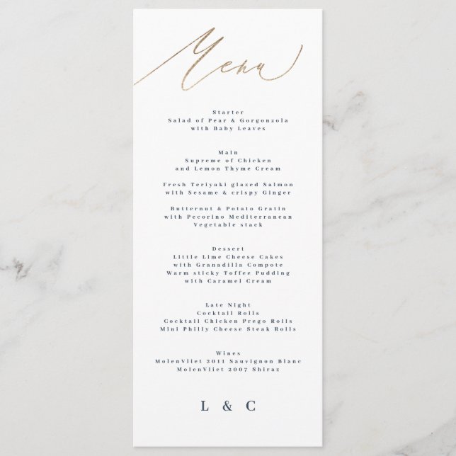 Menu Casamento Clássico Dourado Elegante Branco Marinho (Frente)