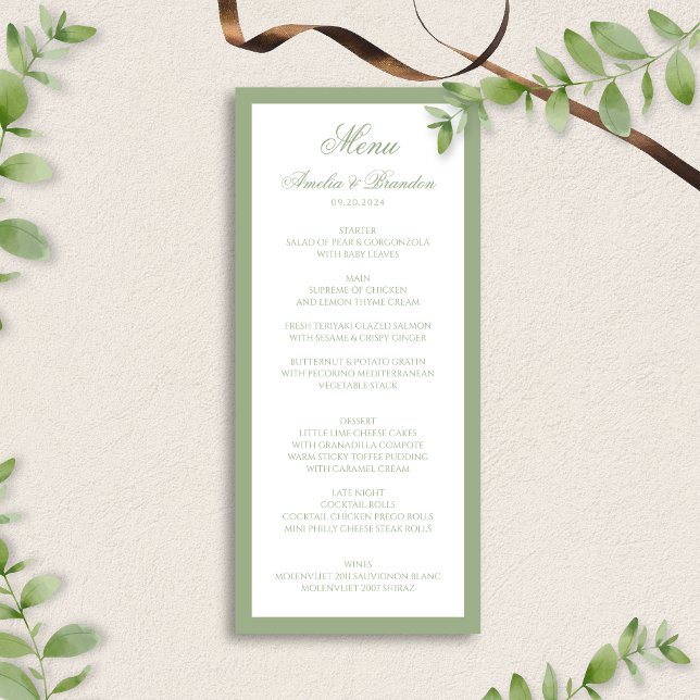 Menu Casamento Clássico Elegante com Borda em Verde Sag (Criador carregado)