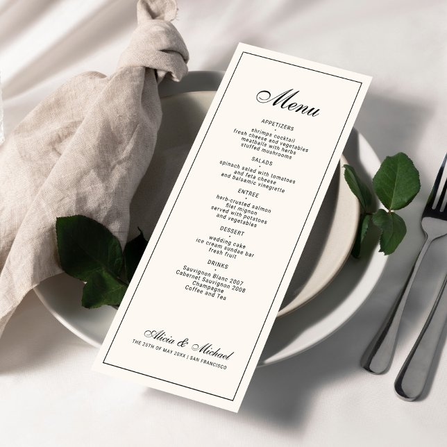 Menu Casamento clássico elegante creme preto marfim (Criador carregado)