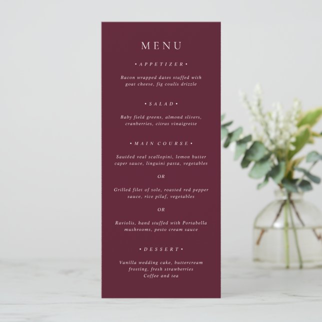 Menu Casamento Clássico Elegante em Borgonha Profundo (Em pé/Frente)