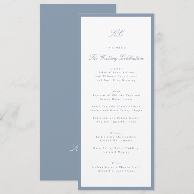 Menu Casamento Clássico em Azul Poeirento (Frente/Verso)