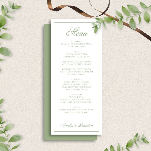 Menu Casamento Clássico em Verde Sage e Branco com Bord (Criador carregado)