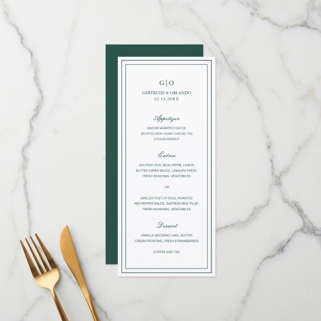 Menu Casamento Clássico Esmeralda Verde Elegante (Frente/Verso In Situ)