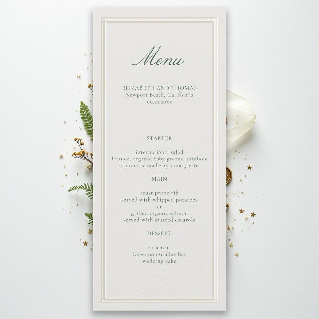 Menu Casamento Clássico Formal com Moldura Verde em Ecr (formal wedding menu modern classic ecru double frame green calligraphy)