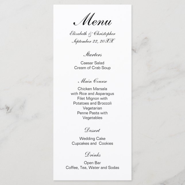 Menu Casamento Clássico Formal Tradicional Preto Branco (Frente)