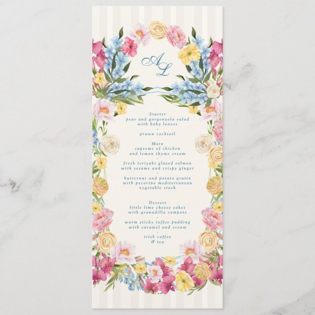 Menu Casamento Clássico Francês com Monograma Floral Az (Frente)