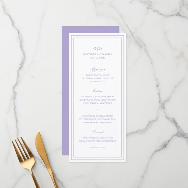 Menu Casamento Clássico Lilás Elegante (Frente/Verso In Situ)