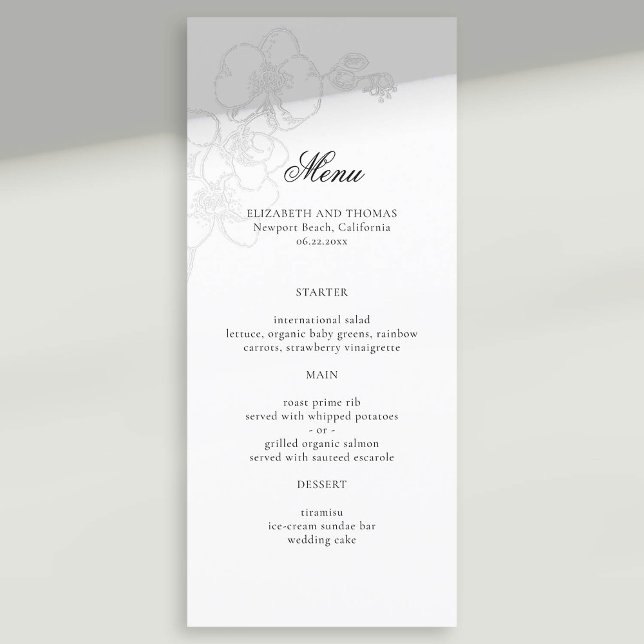 Menu Casamento Clássico Moderno com Orquídea Embriagada (formal wedding menu card faux embossed orchid sketch modern classic typography calligraphy)