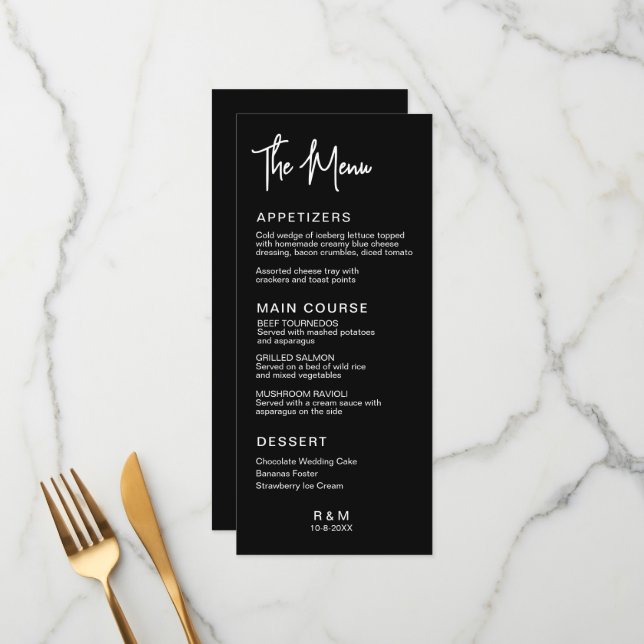 Menu Casamento Clássico Preto e Branco Elegante (Frente/Verso In Situ)