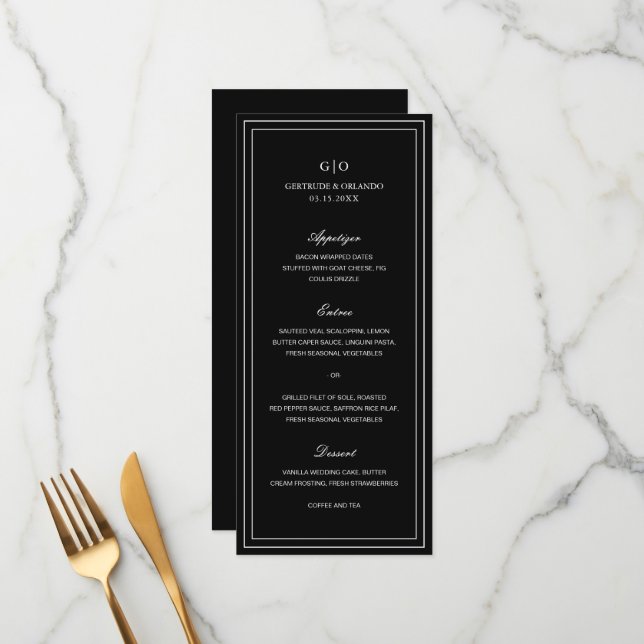 Menu Casamento Clássico Preto Elegante (Frente/Verso In Situ)
