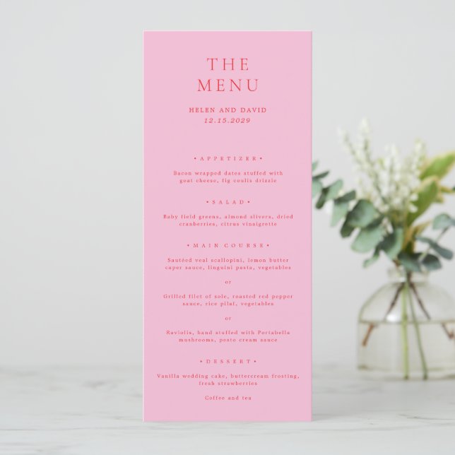 Menu Casamento Clássico Rosa e Vermelho Elegante (Em pé/Frente)
