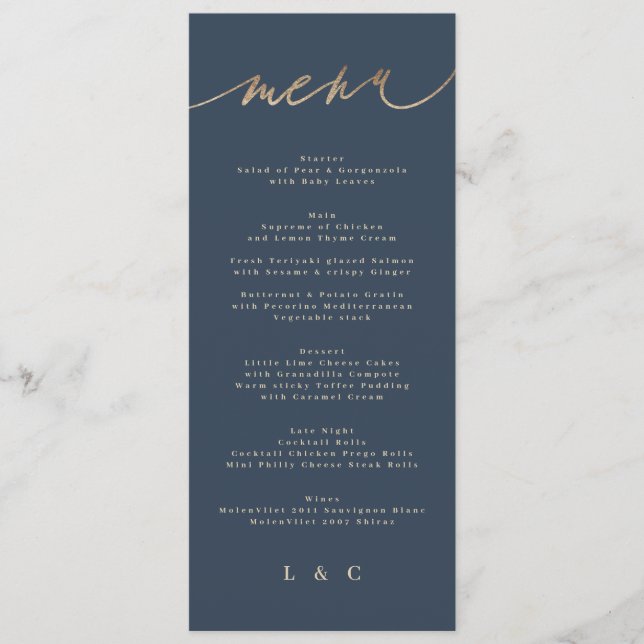 Menu Casamento Clássico Simples Azul-Marinho Dourado (Frente)