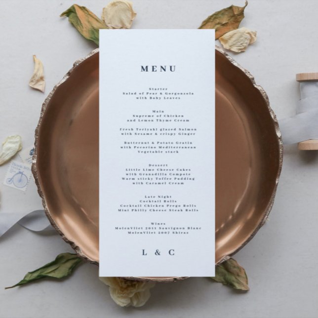 Menu Casamento Clássico Simples Branco Azul-marinho (Criador carregado)