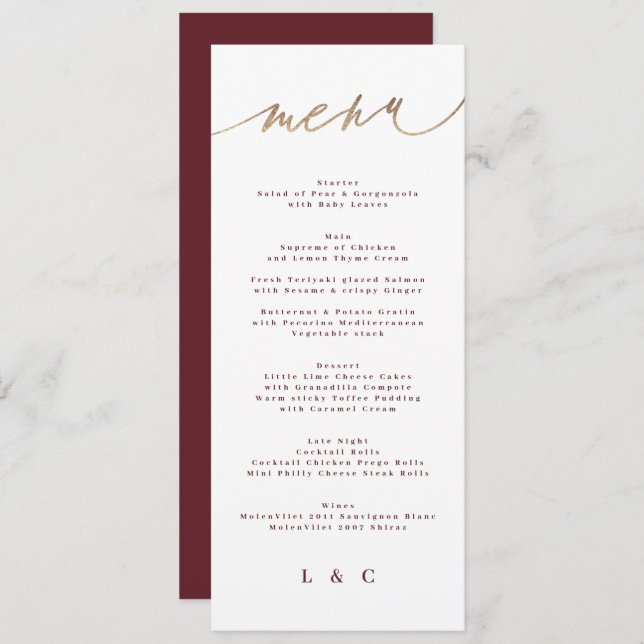 Menu Casamento Clássico Vermelho Escuro de Pedra Vermel (Frente/Verso)