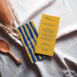 Menu Casamento Colorido De Pinstripes Italianas Escrita<br><div class="desc">Um retrorreflector colorido,  moderno,  azul e amarelo,  menu escrito. E as pintas amarelas e azuis desenhadas à mão no verso. Perfeito e compatível com a suíte inteira. menu janto de casamento. Que apresenta modelo de chic de fundo amarelo vintage e tipografia azul.</div>