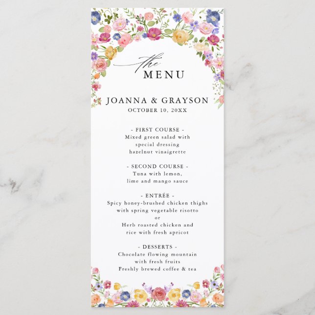 Menu Casamento Colorido de Primavera Wildflower Meadow  (Frente)
