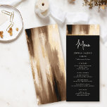 Menu Casamento com Abstrato de Aquarela Preta e Dourada<br><div class="desc">Aprecie seus convidados com nosso saboroso menu de casamento. A tipografia minimalista do chic se destaca em um fundo de aquarela escura realçado com sotaques de ouro falsos. A camada preta mostra com gosto suas opções de menu desagradáveis.</div>