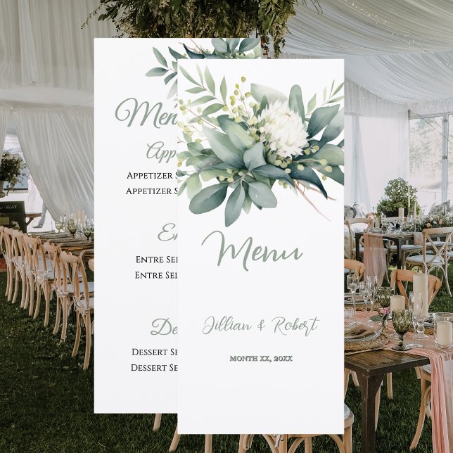 Menu Casamento com Acento Dourado em Flora Suave e Verd (Soft Floral Greenery Gold Accent Wedding Menu)