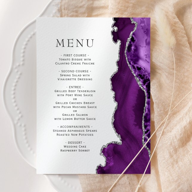 Menu Casamento com Agata de Prata Roxo Elegante (Criador carregado)