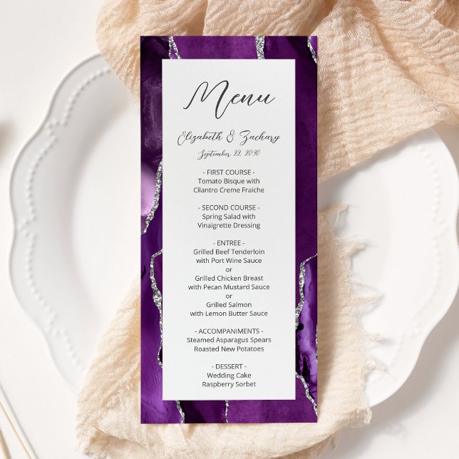 Menu Casamento com Agata de Prata Roxo Moderno (Criador carregado)