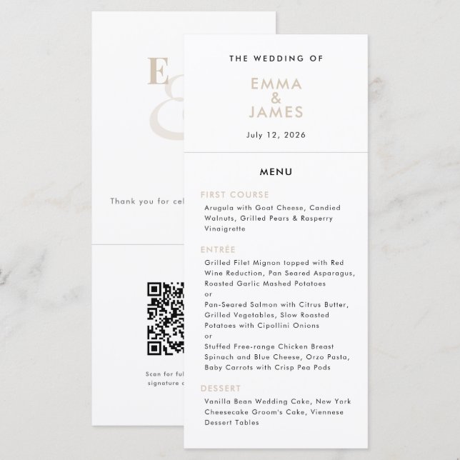 Menu Casamento com Ampersand em Champanhe | Código QR | (Frente/Verso)