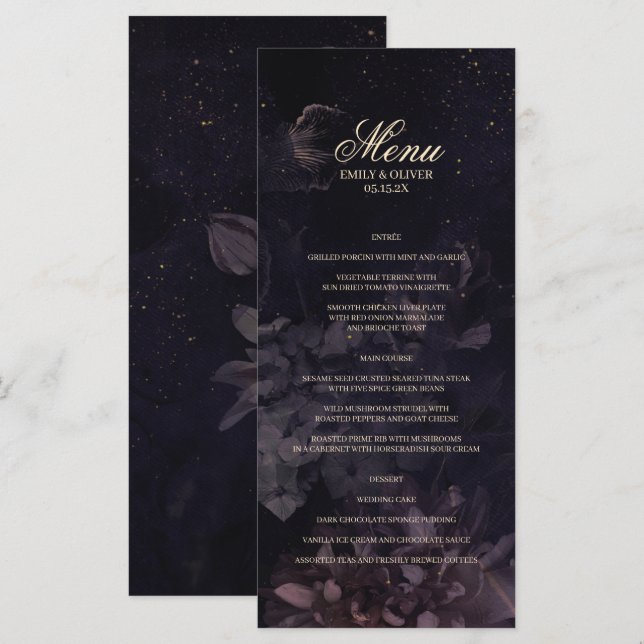 Menu Casamento com Aquarela Floral Purple Boho Gótico (Frente/Verso)