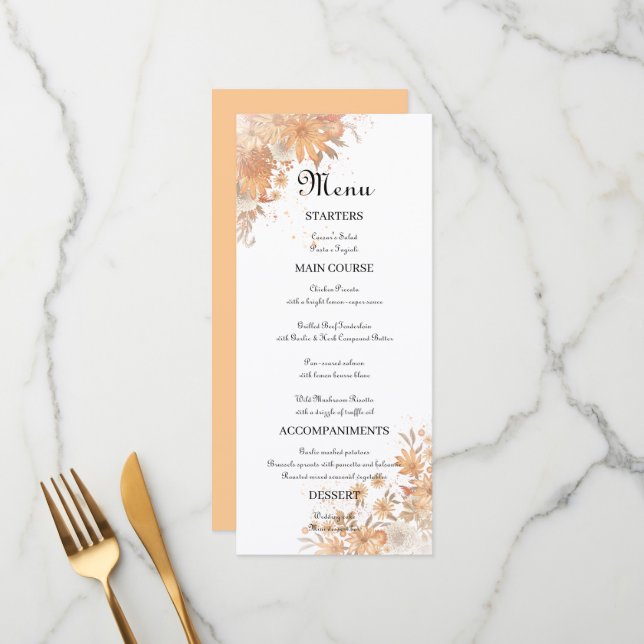 Menu Casamento com Aquarela Floral Rústica de Outono (Frente/Verso In Situ)