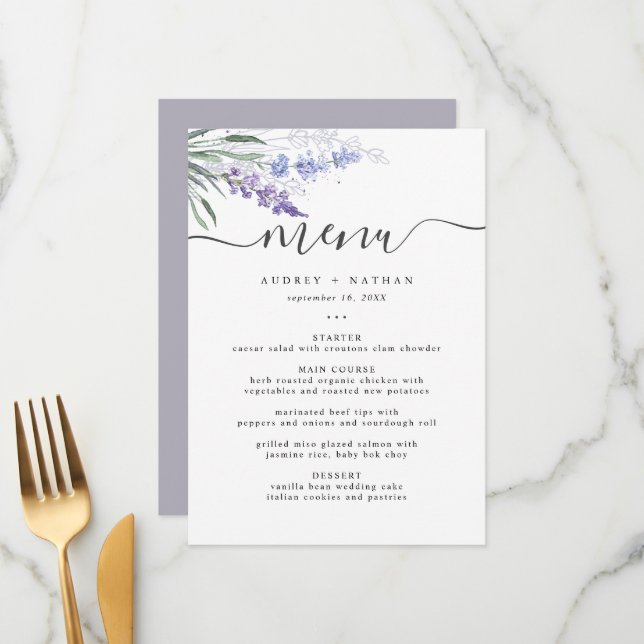 Menu Casamento com Aquarela Lavanda Elegante (Frente/Verso In Situ)