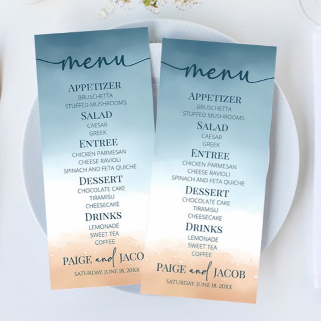Menu Casamento com areia de praia do Oceano Azul Elegan (Criador carregado)