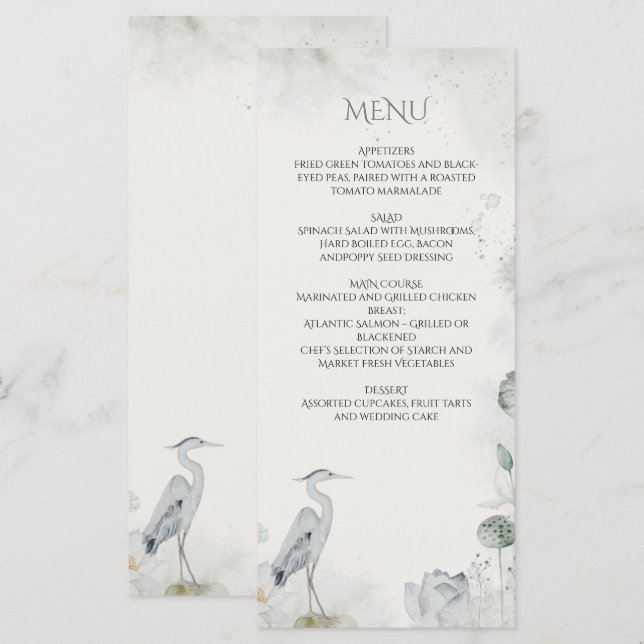 Menu Casamento com aves aquáticas brancas etéreas (Frente/Verso)
