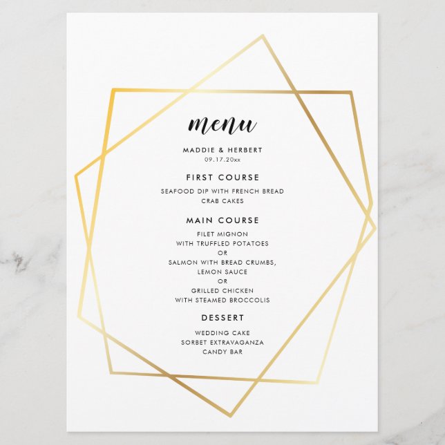 Menu Casamento com base em ouro geométrico moderno (Frente)