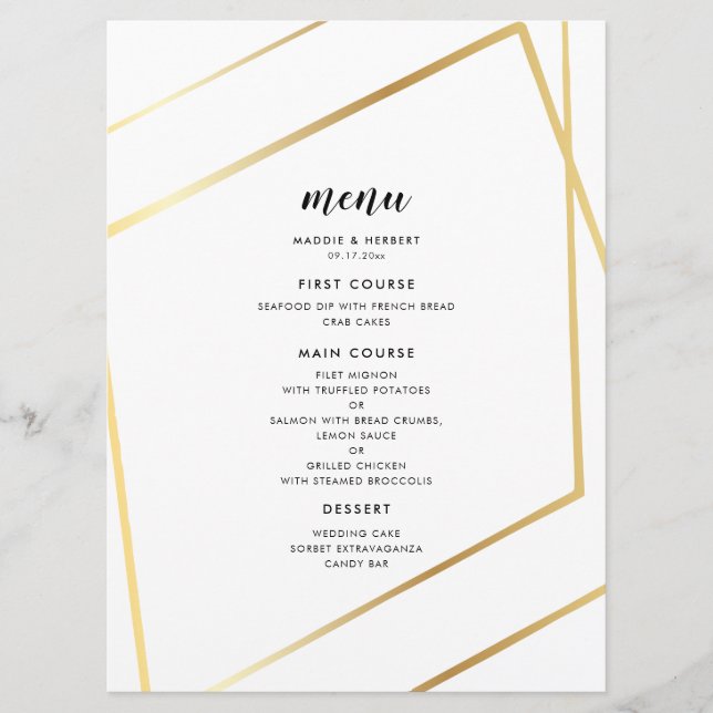 Menu Casamento com base em ouro geométrico moderno (Frente)